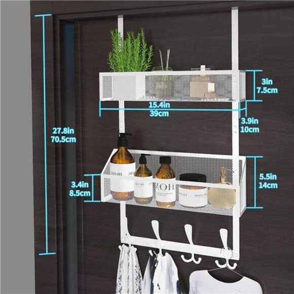 Over The Door Hooks Organizer,Coat Rack with 12 Hooks and 2 Mesh Baskets - Picture 3 of 7